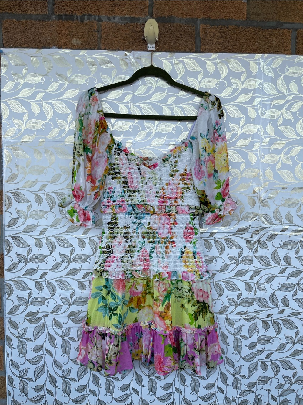 Hemant & Nandita Floral Smocked Mini Dress S Cottagecore Boho - Picture 5 of 15